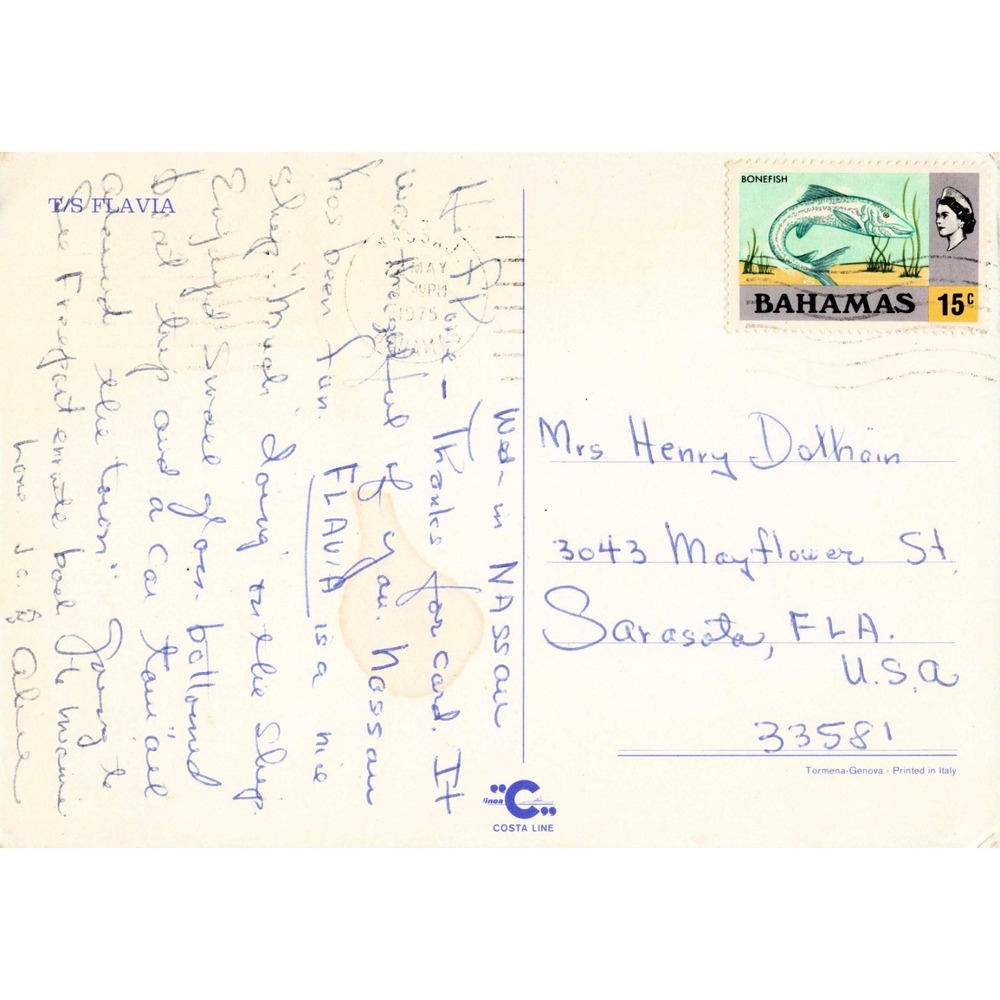 Vintage Costa Line TS Flavia Cruise Ship Postcard 1975 Nassau Bahamas Postmark - Picture 2 of 2